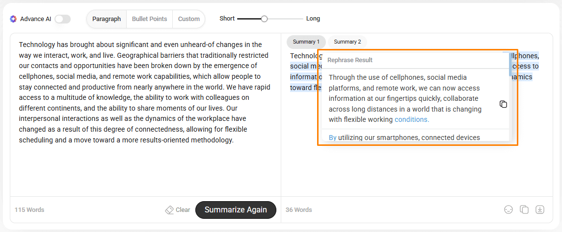 summary rephrase option
